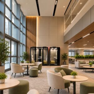 Winpod acoustic discussion pod and office phone booths in a modern commercial workspace, providing private spaces for calls and meetings.